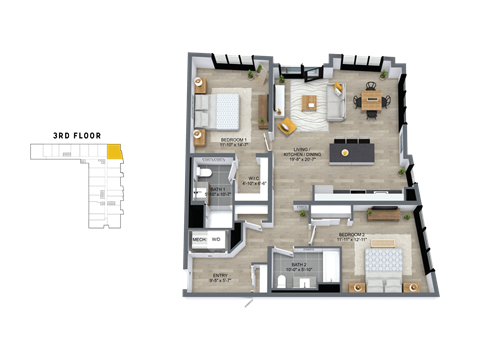 Floor plan for 2 beds, 2 baths, 1283 sqft